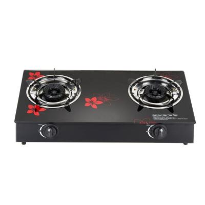 China Eco-friendly Home Kitchen Fashion New Black Flower 2 Burner Tempered Tabletop Gas Stove With Glass Top for sale