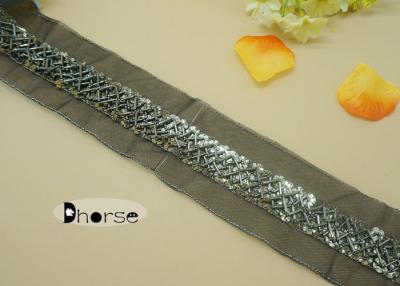 China Fancy Beaded Applique Trim With Flower Shape Sequins , Beaded Bridal Trim for sale