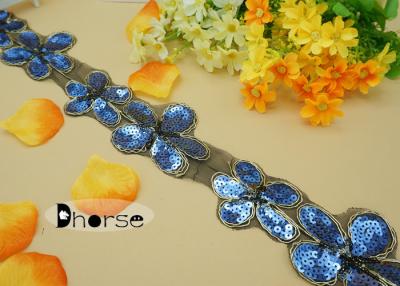 China Bling Flower Shaped Blue Sequins Beaded Trims For Dresses , Decorative Beaded Trim for sale