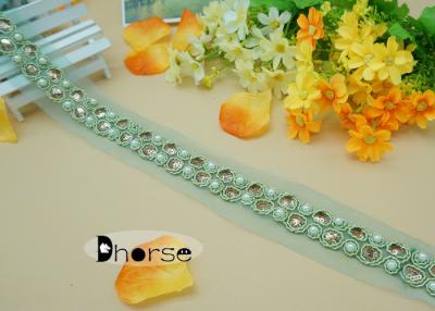 China Garment Lace Green Sequins Sew On Beaded Applique Trim With Pearl for sale