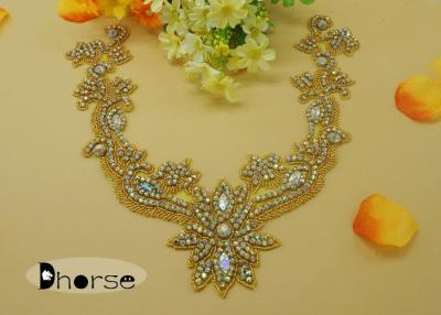 China Sew On AB Stone Gold Rhinestone Flower Applique For Ladies Garment for sale