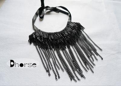 China Black Beads Beaded Collar Necklace With Metal Chain Tassels , Fashion Collar Necklace for sale