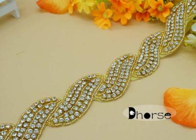 China Leaf Shape Gold Rhinestone Beaded Trim , Evening Dress Rhinestone Trim By The Yard for sale