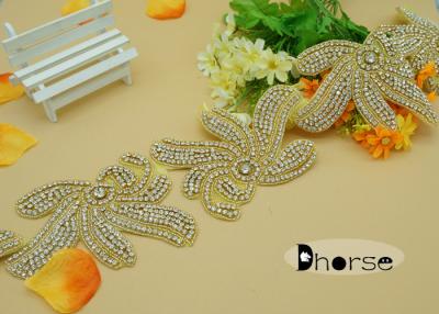 China Flower Design Gold Base Iron On Rhinestone Beaded Trim For Dresses for sale