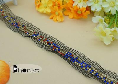 China 3 rows colorful rhinestone crystal beaded diamante mesh trimming for sale