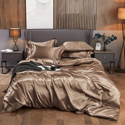 China Anti-Apnea Satin Sheet Solid Color Soft Smooth Artificial Ice Silk Pillowcases Two One Layer Fitted Sheet One Sheet Bedding for sale