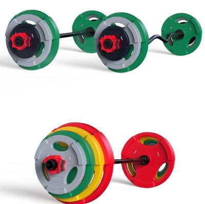 China Eco-friendly Fitness Equipment Three Holes Home Gym Iron Barbell Rubber Coated Weight Plate for sale