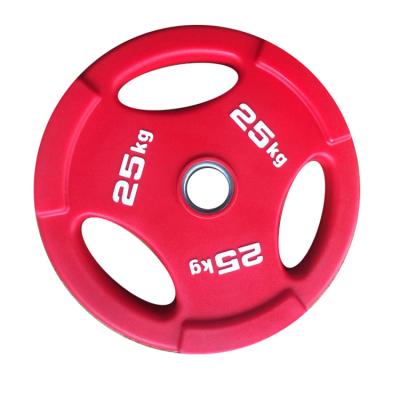 China Eco-Friendly Three Hole Cast Iron Rubber Coated Three Hole Weight Plates Weight Lifting Barbell Plate for sale