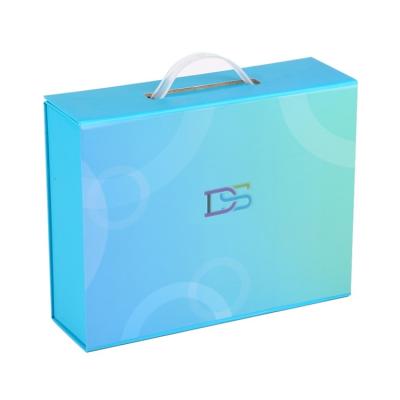 China Handmade Luxury Blue Printed Magnetic Closure Gift Box With Plastic Handle for sale