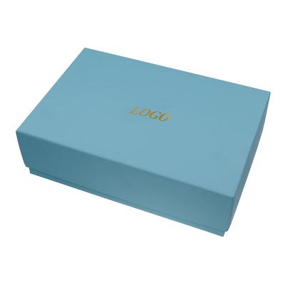 China Handmade high quality rectangle blue lid and base box with gold foil logo for sale