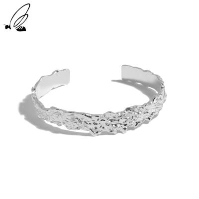 China FASHIONABLE Minimalist Style 925 Sterling Silver Irregular Texture Open Cuff Bangle Bracelet For Women for sale