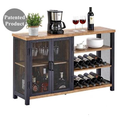 China (Other) Adjustable Industrial Bar Cabinet for Liquor and Glasses Rustic Wood and Metal Wine Rack Table for sale