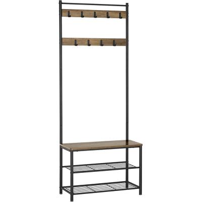 China Minimalist Living Room Entryway Metal Wood Coat Shoe Rack Iron Frame Coat Rack Stand for sale