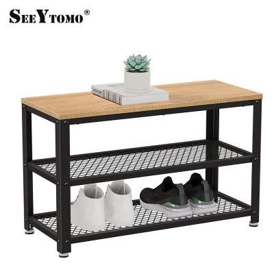 China Adjustable Industrial Furniture 3 Tier Accent Hallway Living Room (Other) Wooden Shoe Rack Bench for sale