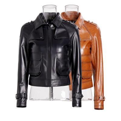 China European and American commuter real leather women's black short thin sheeps motorcycle leather jacket quilted temperament OEM and ODM for sale