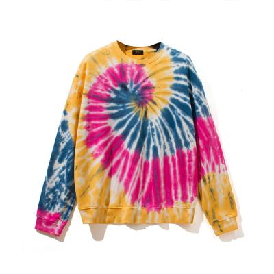 China Anti-wrinkle Tie Dyed Multicolor Swirl Cotton Round Neck Terry Sweater 380g for sale