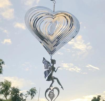 China Metal Stainless Steel Wind Spinner Garden Decor 3D Heart Model With Angel Wind Chime 8 Inch 3D Wind Chime For Garden Hanging for sale