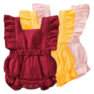 China Popular Favorite Ruffles Solid Color Fly Sleeve Overalls Girls Candy Clothes Newborn Baby Summer Romper for sale