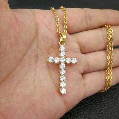 China skin-friendly & Eco-friendly Zircon Stone Cross Stainless Steel Gold Plated Hiphop Pendant Necklace Crystal Jewelry Necklace for sale