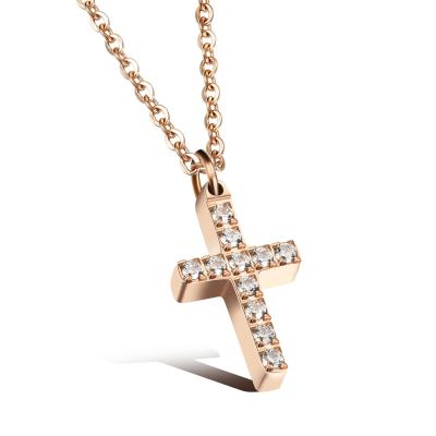 China skin-friendly & Eco-Friendly 18K Rose Gold Stainless Steel CZ Crystal Cross Women Charm Necklace for sale