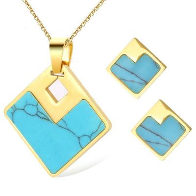 China 2021 Autumn New Design Girl Jewelry sweat and anticorrosion gift set turquoise gold necklace earrings jewelry for sale