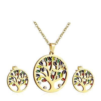 China skin-friendly & Eco-friendly Stainless Steel Pendant Earrings Gold Plated Zircon Stone Oil Filled Ethnic Life Of The Tree Jewelry Sets for sale