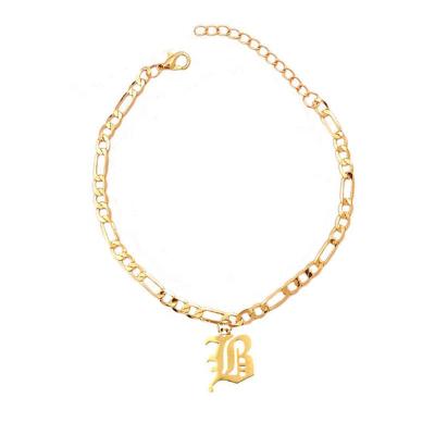 China FASHIONABLE 14K 18K Old Gold Letter Charm Foot Jewelry Cuban Link Antique English Anklet For Women for sale