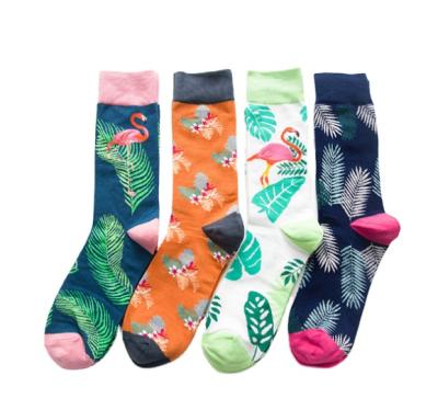 China Breathable 2021 New Style Design Sock Mens Crane Jacquard Flamingo Leaves Fashion Custom Print Sock for sale