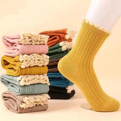 China Antibacterial Pile Socks Lace Autumn Solid Color Japanese Cute Tube Cotton Socks for sale