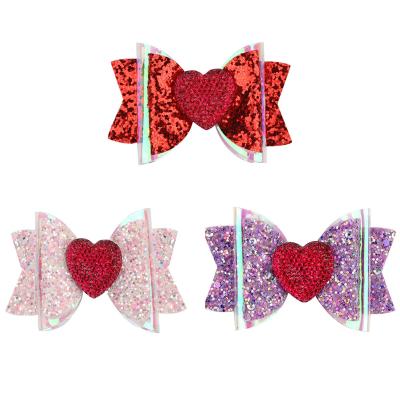 China Fashion 3inch Designer Three Layer Hairpin Chunky Glitter Hair Bow Clips With Sweet Valentine Acetic Heart Women Girl Hair Clips for sale