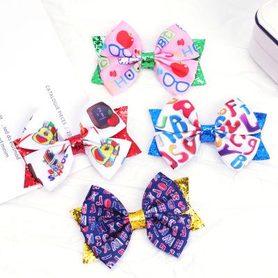 China Fashion Grosgrain Ribbon Hair Bow Glitter Glitter Hair Pin Back To Educate Hair Clip For Kids Cut Hair Painting Accessories for sale