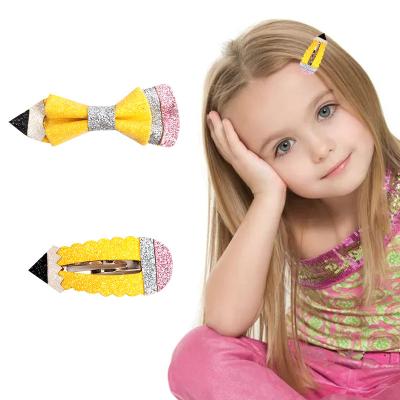 China Fashion Yellow Pencil Shape Hair Bows Gretel Glitter Back To School Hair Clips For Girls Bows Hair Accessories For Kids for sale