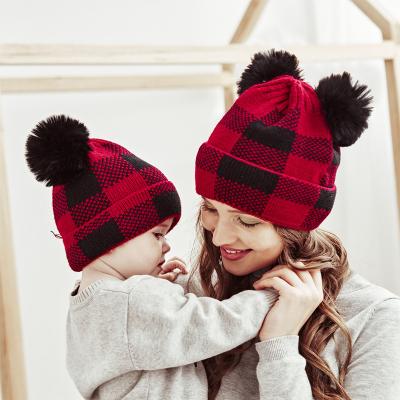 China COMMON Wholesale Good Quality Lattice Hat Parent-child Bear Ear Beanies Winter Knitted Beanies for sale