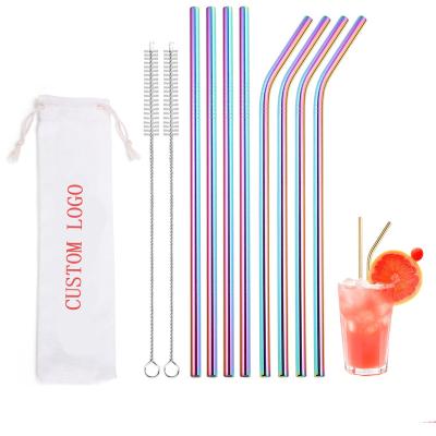 China Minimalist Customized Logo Eco Friendly 304 Stainless Steel Reusable 10 Pcs Straws Set Drinkware Milk Tea Metal Straws With Brush / Pouch for sale