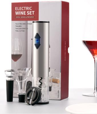 China Custom Stocked Logo Wine 4pc Bottle Openers Battery Operated Luxury Electric Wine Opener Gift Set With Aluminum Cutter Base for sale