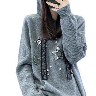 China Anti-wrinkle 2023 new thick cashmere sweater women's wool loose hoodie embroidered hoodie for sale