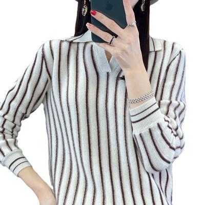 China Anti-wrinkle 2023 new polo collar stripe small fragrance sweater versatile top long sleeve knit sweater woman for sale