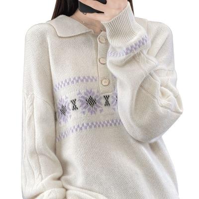 China Anti-wrinkle 2023 new atmosphere sense top polo collar wool knit jacquard sweater woman for sale