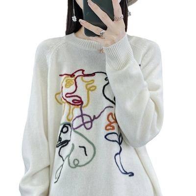 China Anti-wrinkle 2023 new crewneck cardigan women's loose pullover wool bottom hand-embroidered color blocking for sale