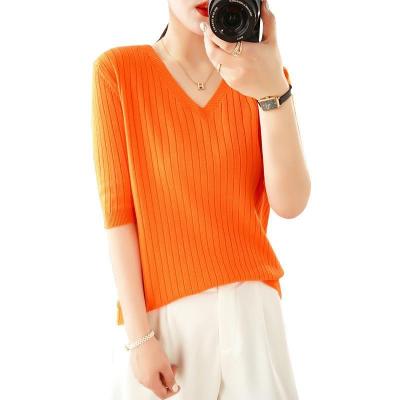 China Anti-wrinkle 2023  women's knitted short sleeve V-neck solid color pullover T-shirt wool sweater wholesale for sale