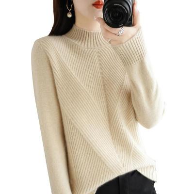 China Anti-wrinkle 2023 Half High Neck Thick Sweater Women's Loose Twill Strip Bottom Knit for sale