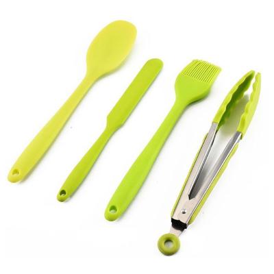 China Amazon Sustainable Hot Selling Food Grade 4 Piece Spoon Brush Spatula And Food Tong Silicon Kitchen Baking Tools Set For BBQ Tool Kit for sale