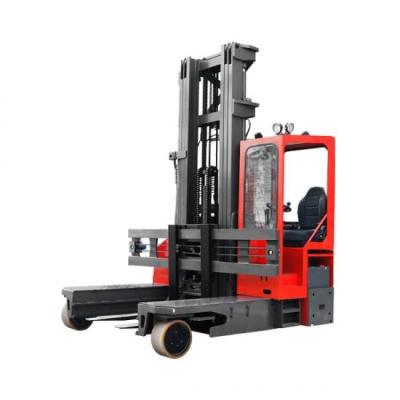 China Building Material Shops Narrow Steering 2.5ton 2500kg Capacity Forklift 4 Way Aisle Reach Stacker Four Way Electric Forklift for sale