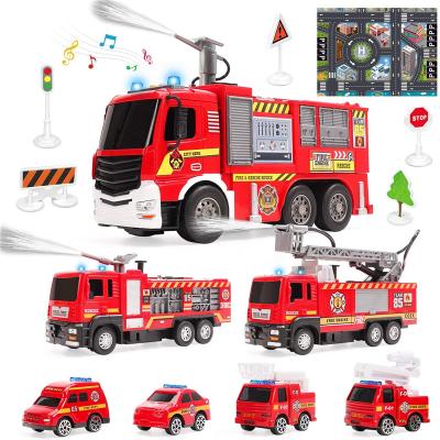 China Friction Toy Cute Stone 7 in 1 Pretend Play Fire Engine Fire Trucks Toy Vehicle With Water Spraying Work Friction Toy Vehicles Sets for sale