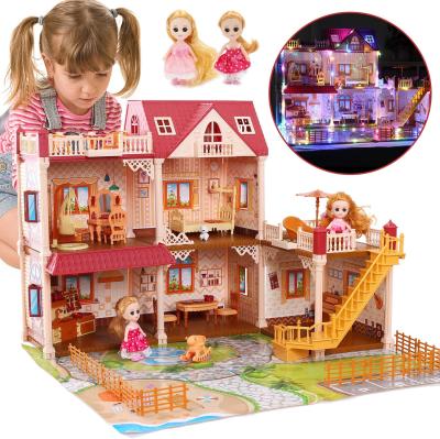 China Cartoon Cute Stone Luxurious 5 Toy Rooms Doll Room with 2 Dolls and Girls Colorful Light Indoor Play Doll Room Dream Birthday Gift for sale