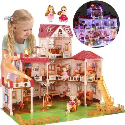 China Cartoon Play Toy Cute Stone Indoor Game Toddler Pretend Play 8 Rooms Doll House With Flashing Lights Girls Toys Doll House for sale