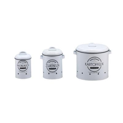 China Dedicated Sustainable Kitchen Storage Jar Set, Potato Can, Onion Can, Garlic Can, White Metal Storage Jar With Lid Storage Tubs for sale