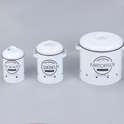 China Sustainable kitchen storage jar set, white metal with lid storage jar for sale