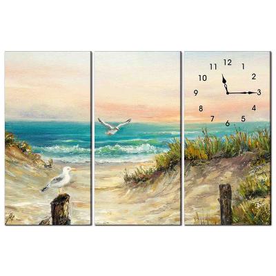 China LUMINOVA Quartz Living Room Simple Face Creative Square Set 3 LED Seaside Light Digital Canvas Oil Painting Sale Wall Clocks for sale