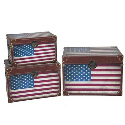 China Sustainable American Flag Custom Wooden Box Hinged Pine Wood Trunk Storage Box With Lid for sale